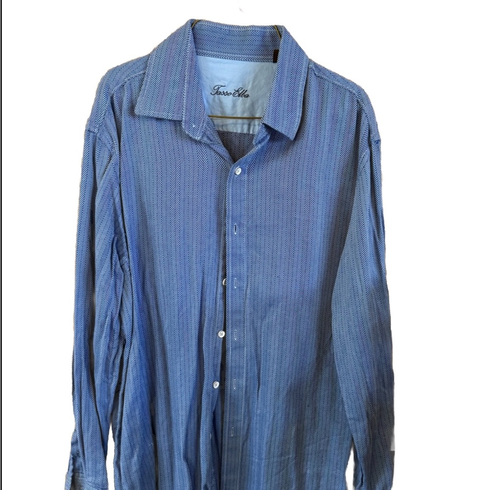 Tasso Elba Blue Casual Button Down Shirt herringbone design